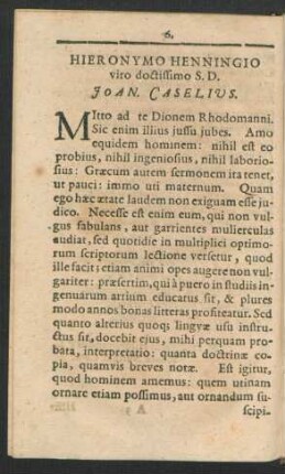 Hieronymo Henningio viro doctissimo S.D. Joan. Caselius.