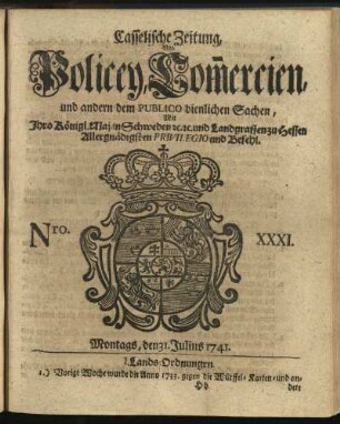 Nro. XXXI, Montags, den 31. Julius 1741