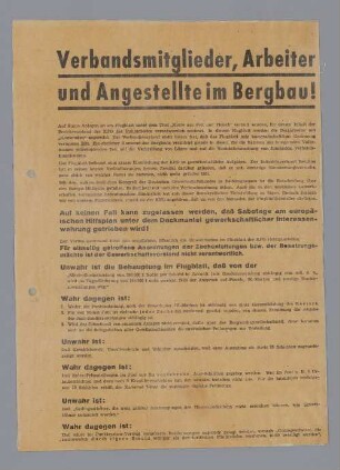 "Verbandsmitglieder, Arbeiter und Angestellte im Bergbau!"