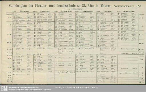 Stundenplan der Fürsten- und Landesschule zu St. Afra in Meissen, Sommersemester 1884