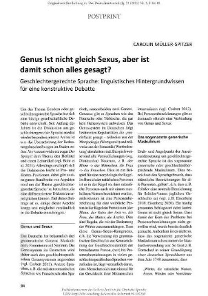 Genus ist nicht gleich Sexus, aber ist damit schon alles gesagt? Geschlechtergerechte Sprache: linguistisches Hintergrundwissen für eine konstruktive Debatte