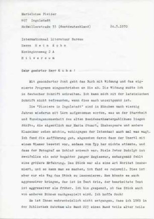 Korrespondenz von Marieluise Fleisser an Hein Kohn