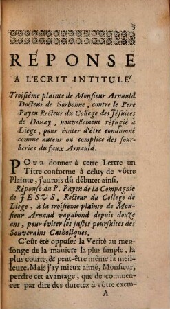 Réponse du P. Payen Jes. à la 3. Plainte de Mons. Arnauld