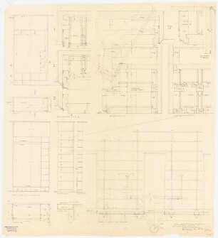 Arzthaus Prof. Bernhardt, Berlin-Charlottenburg: Einbaumöbel - Grundriss, Ansicht 1:10, Detailschnitte, Grundriss 1:1