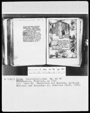 Stundenbuch — Sankt Nikolaus mit drei Knaben in einer Wanne, Folio 183recto