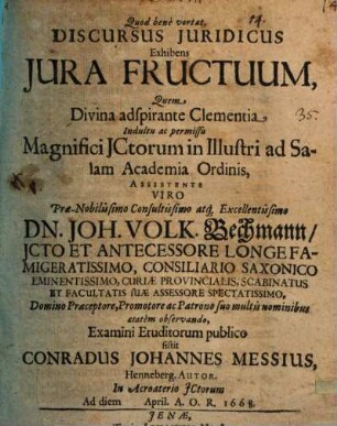 Discursus iur. exhibens iura fructuum