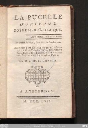 La Pucelle D'Orleans : Poëme Heroï-Comique : En Duix-Huit Chants
