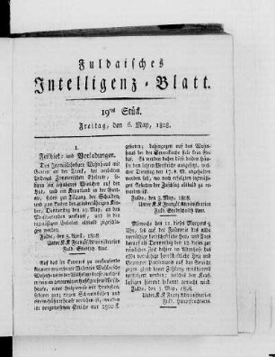 19tes Stück, Ausgabe vom 6. May 1808