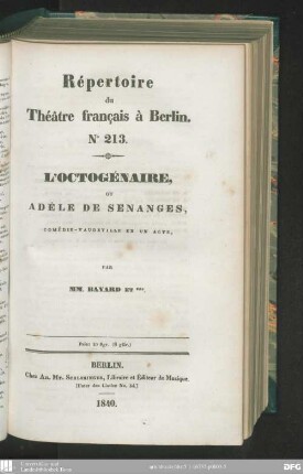 L' octogénaire, ou Adèle de Senanges : comédie-vaudeville en un acte