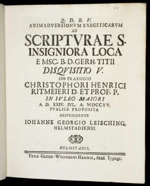 Animadversionvm Exegeticarvm Ad Scriptvrae S. Insigniora Loca E Msc. B. D. Gerh. Titii Disqvisitio V