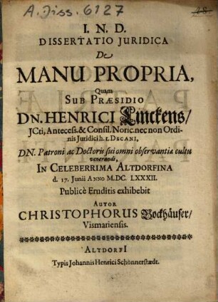 I. N. D. Dissertatio Iuridica De Manu Propria