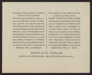 Informationsblatt des Verlags Marx & Co. zu seiner Faksimile-Reproduktion der Pessach-Haggadah aus dem Machsor Soncino-Casalmagiore von 1485/86