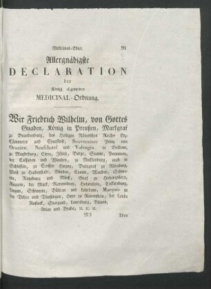 Allergnädigste Declaration der Königl. allgemeinen Medicinal-Ordnung