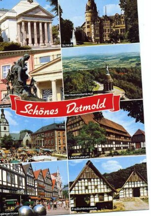 Postkarte: Schönes Detmold. Theater, Donopbrunnen, Markt, Fußgängerzone, Schloß, Hermannsdenkmal, Landesmuseum, Freilichtmuseum