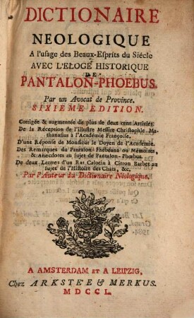Dictionnaire néologique avec l'éloge historique de Pantalon-Thoebus