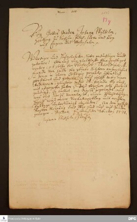 Reskript von Johann Wilhelm v. Sachsen-Eisenach an Johann Franz Buddeus.