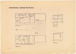 Gymnastikschule am See Monatskonkurrenz Dezember 1932: Grundriss Erdgeschoss, Obergeschoss, 2 Längsschnitte 1:100