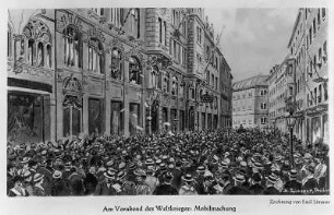Bekanntgabe der Mobilmachung vor dem Haus des Dresdener Anzeigers im August 1914, Aquarell von Emil Limmer (1834-1931)