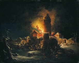 Nächtliche Feuersbrunst mit einem Dorf