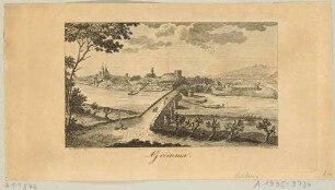 Grimma südöstlich von Leipzig mit der Pöppelmannbrücke, der Augustinerkirche und dem Schloss, Blick über die Mulde aus nordöstlicher Richtung