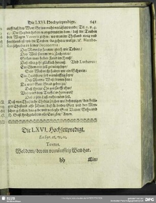 Die LXVI. Hochzeitpredigt. Ex Syr.25.v.11