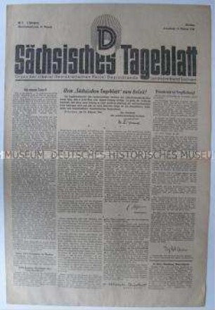 Erste Ausgabe der Tageszeitung der LDPD Sachsen "Sächsisches Tageblatt"