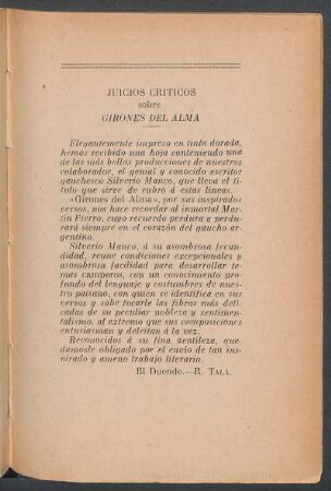 Juicios críticos sobre Girones del Alma