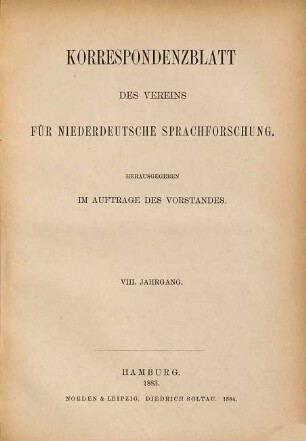 Korrespondenzblatt des Vereins für Niederdeutsche Sprachforschung. 8. 1883