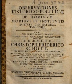 Observationes Historico-Politicae De Hominum Moribus Et Institutis In Statu, Cum Naturali, Tum Civili
