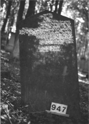 Grabstein 947 (Index: 99899463) Material: Sandstein Zustand: leicht angewittert Maße HxBxT: 109x59x12 cm Beschreibung: Stele mit Dreiecksabschluss: Grabstein 947 (2)