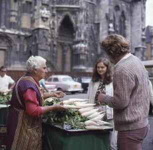Regensburg. Domplatz. Obst- und Gemüsemarkt. Teilansicht mit Gemüsestand
