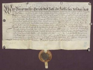 Bürgermeister, Gericht und Rat der Residenzstadt Durlach quittiren dem Markgrafen Georg Friedrich von Baden-Durlach über den Empfang der von der Markgräfin Elisabeth von Baden-Durlach dem Ortsalmosen daselbst vermachten 300 fl.
