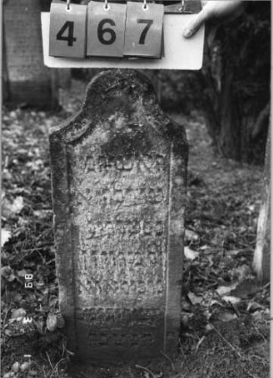 Grabstein 467 (Index: 99752852) Material: Sandstein Zustand: stark verwittert mit Textverlust Maße HxBxT: 81x31x9 cm Beschreibung: Stele, Konvexbogenabschluß, Schriftfeld eingetieft: Grabstein 467