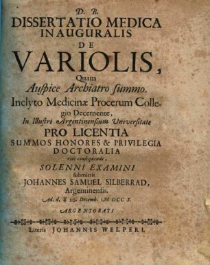 Dissertatio Medica Inauguralis De Variolis