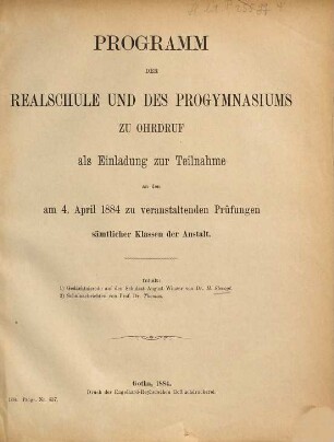 Programm der Herzoglichen Realschule und des Progymnasiums zu Ohrdruf. 1883/84