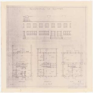 Gesamtbebauungsplan Ankara Ankara Kooperatifi. Haustypen: Typ C3, CANKIRI, Reihenhaus 3 Zimmer, Grundriss Kellergeschoss, Erdgeschoss und Obergeschoss, Vorderansicht 1:50