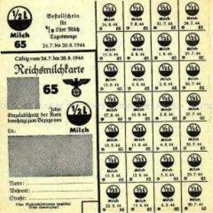 Reichsmilchkarte 65 für 1/2 l Milch