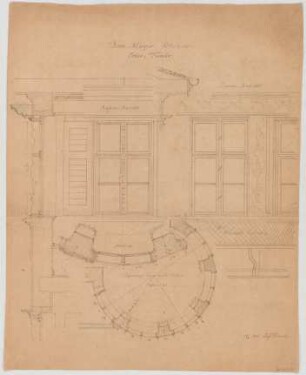 Thiersch, August ; Schönau (Bayern); Landhaus K. Mayer - Erkerfenster (Grundriss, Teilgrundriss, Ansichten, Schnitt)