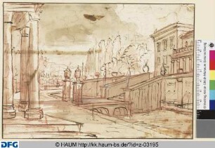 Theaterdekoration: Schlossgarten mit Säulenhalle, Brücke und Schloss rechts
