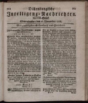 XLVIII. Stück. Sonnabends: den 28. November 1778.