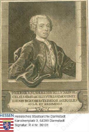 Buri, Friedrich Carl (1702?-1767) / Porträt, Brustbild in Rahmen mit lateinischer Sockelinschrift