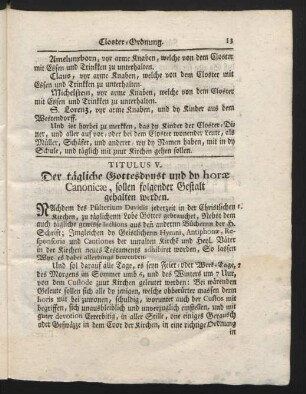 Titulus V. Der tägliche Gottesdynst und dy horae Canonicae, sollen folgender Gestalt gehalten werden.