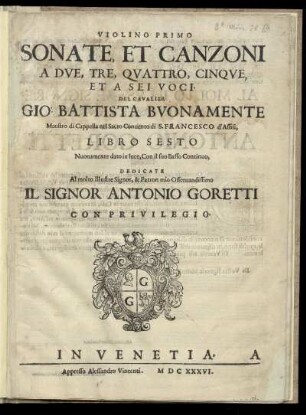 Giovanni Battista Buonamente: Sonate et canzoni a due, tre, quattro, cinque, et a sei voci. Violino primo