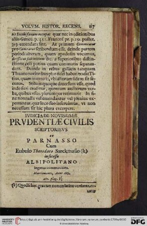 Ivdicia de Novissimis prudentiae civilis scriptoribus ex parnasso cum Eubulo Theosdato Sarckmasio (k) in secessu albipolitano