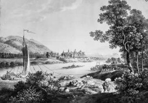 Schloß Pillnitz und Umgebung, nach Osten gesehen : Dresden, Schloss Pillnitz, mit Elbfloß, Kupferstich