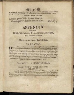 Appendix Continens Dialogum inter Terricolam & Lunicolam, duce Morpheo habitum [...]