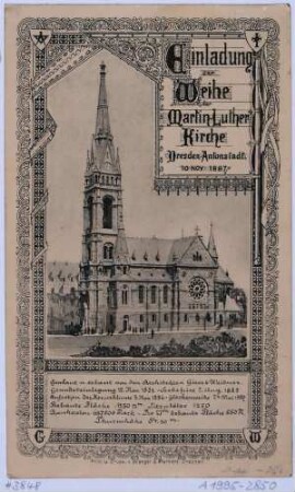 Einladungskarte zur Weihe der Martin-Luther-Kirche in Dresden 1887