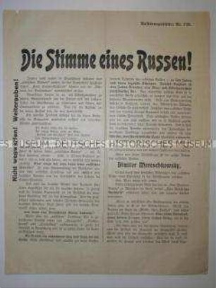 Antisowjetisches Propagandaflugblatt mit Werbung für Bücher von Dimiter Mereschkowsky