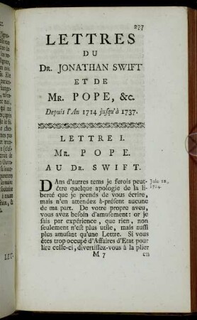 Lettres Du Dr. Jonathan Swift Et De Mr. Pope, &c. Depuis l'An 1714 jusqu' à 1737