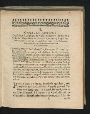 I. Generalis Professio. Doctrinae Ecclesiarum Reformatorum, in Regno Poloniae ...